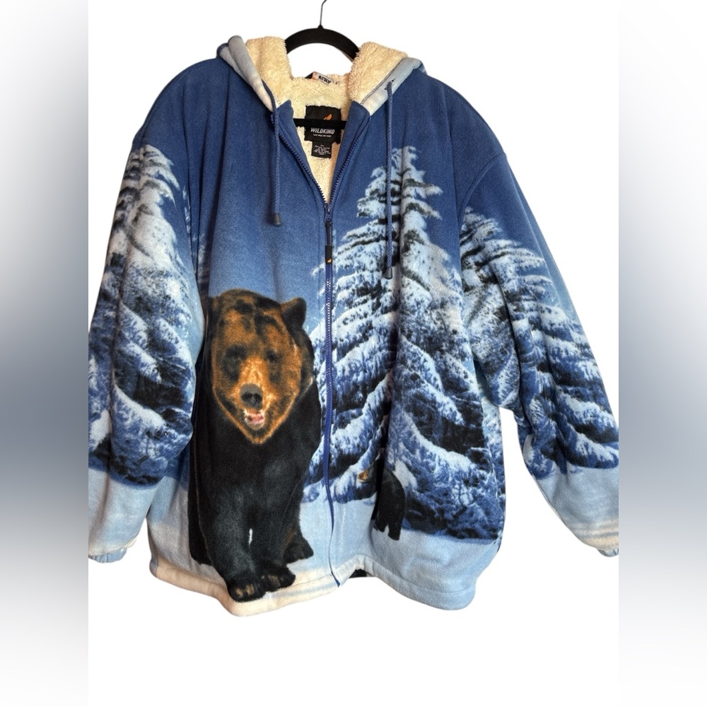 Wildkind Sherpa-Lined Fleece Zip Hoodie Jacket Bear & Forest Print. Size 2XL